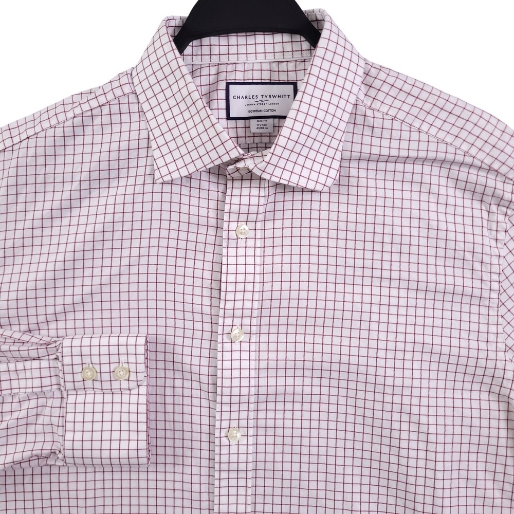 Charles Tyrwhitt Dress Shirt Men 17 35 Slim Fit White Red Check Egyptian Cotton